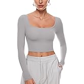 INLYRIC Women's Natrelax Square Neck Long Sleeve Crop Top Sexy Slim Fitted Basic Stretchy T Shirts Tops