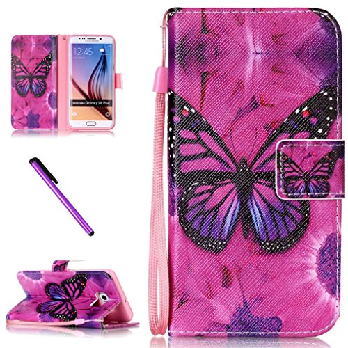 Samsung S6 Edge Plus Case, ISADENSER PU Leather Wallet Cover Full Body Protective Purple Butterfly Printed With Viewing Stand Card Slots Hand Strap Case For Samsung Galaxy S6 Edge Plus, Purple Butterfly