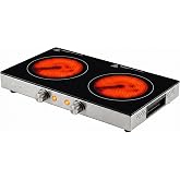 OVENTE Infrared Ceramic Double Burner, 1800W Hot Plate, Black BGI302GB | Crystalline Glass, Portable Stainless Steel Cooktop for Home, Office, or Dorm Use, Non-Slip Feet