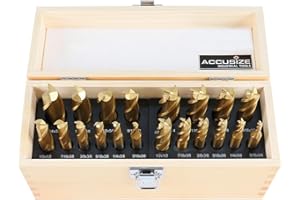 Accusize Industrial Tools 20-PC TiN-Coated H.S.S. End Mill Set, Inch Sizes 3/16" to 3/4", 2F and 4F, Straight Shank, Wood Case, 1810-0100