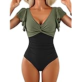 Aidonger Women's One Piece Swimsuit Tummy Control Ruffle Bathing Suit Slimming Cutout Twist Swimwear