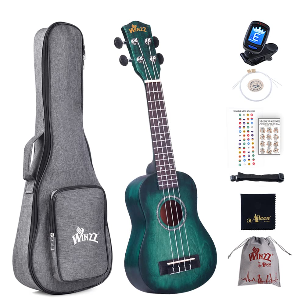 Winzz Kids Adults Ukulele Soprano Beginner Kit, 21 Inches Ukulele Set Blue-green with 8 Accessories, Unique Color Design