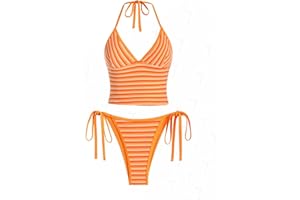 seamoly Women's Tankinis Striped Halter String Tie Side 2 Piece Tankini Sets Swimsuit