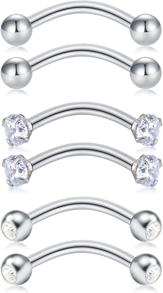 MODRSA Stainless Steel 16G Curved Barbell Piercing Lip Eyebrow Belly Rings Helix Tragus Daith Earrings Piercing 6PCS