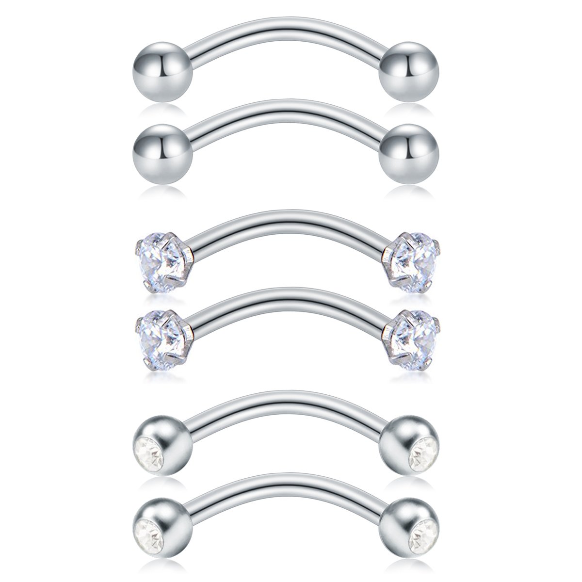 MODRSA Stainless Steel 16G Curved Barbell Piercing Lip Eyebrow Belly Rings Helix Tragus Daith Earrings Piercing 6PCS