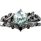 DONGHU 10K 14K 18K Solid Gold Natural Moss Agate Ring Set Inspired Leaf Moss Agate Engagement Ring Set Vintage Unique Moss Agate Bridal Wedding Ring Set Size 4-12.5