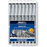 STAEDTLER 308 SB8 Pigment Liner Pens - Assorted Line Widths, Black (Set of 8)