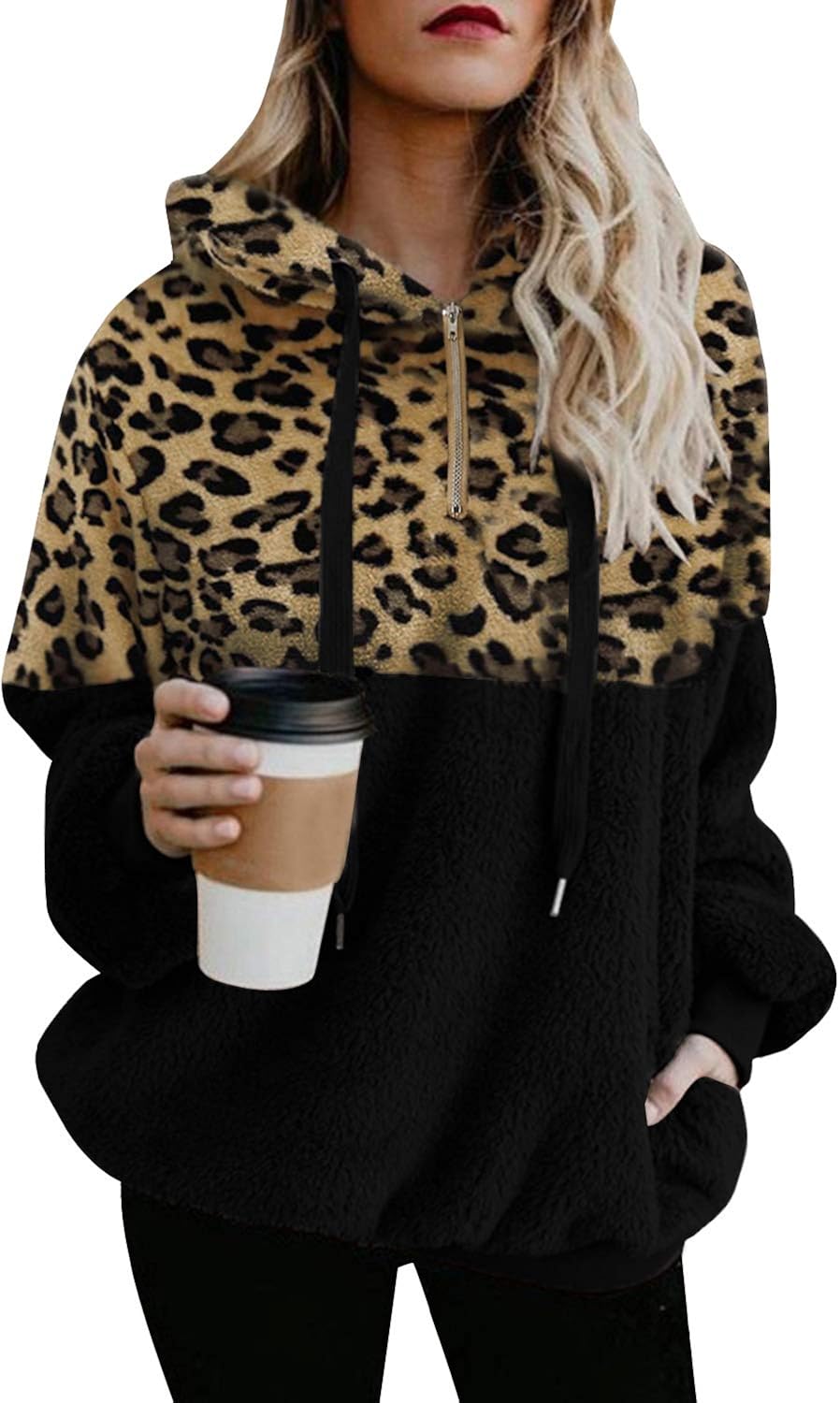 FUPHINE Womens Leopard Sherpa Pullover Hoodie with Pockets Warm Fuzzy Fleece Sweatshirt Fluffy Coat Outwear at  Women’s Clothing store