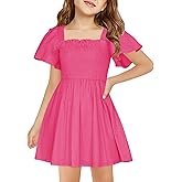 Haloumoning Girls Ruffle Short Sleeve Smocked Summer Dress Kids Square Neck A Line Flowy Mini Dresses 5-14 Years