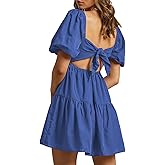 OWNGIGI Women's Summer Dress Square Neck Puffy Short Sleeve Loose Tie Back Casual A-Line Mini Dresses
