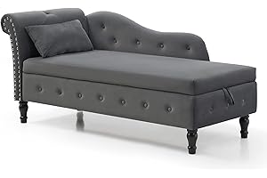 Homtique 60" Velvet Storage Chaise Lounge Indoor Button Tufted with Pillow, Nailhead Decorate Rolled Arm Chaise Lounge for Bedroom Living Room (Grey)