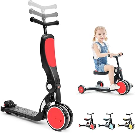 Amazon Beberoad キックスクーター 5 In 1子供用3輪キックボード 3階段調節可能 三輪車 後輪ブレーキ 乗用玩具 持ち運び便利 レッド キックスクーター おもちゃ