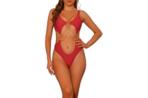 Elerevyo Women's Gold Chain Swimsuits V Neck Monokini, 1 Piece Cut Out Swimwear Bathing Suit