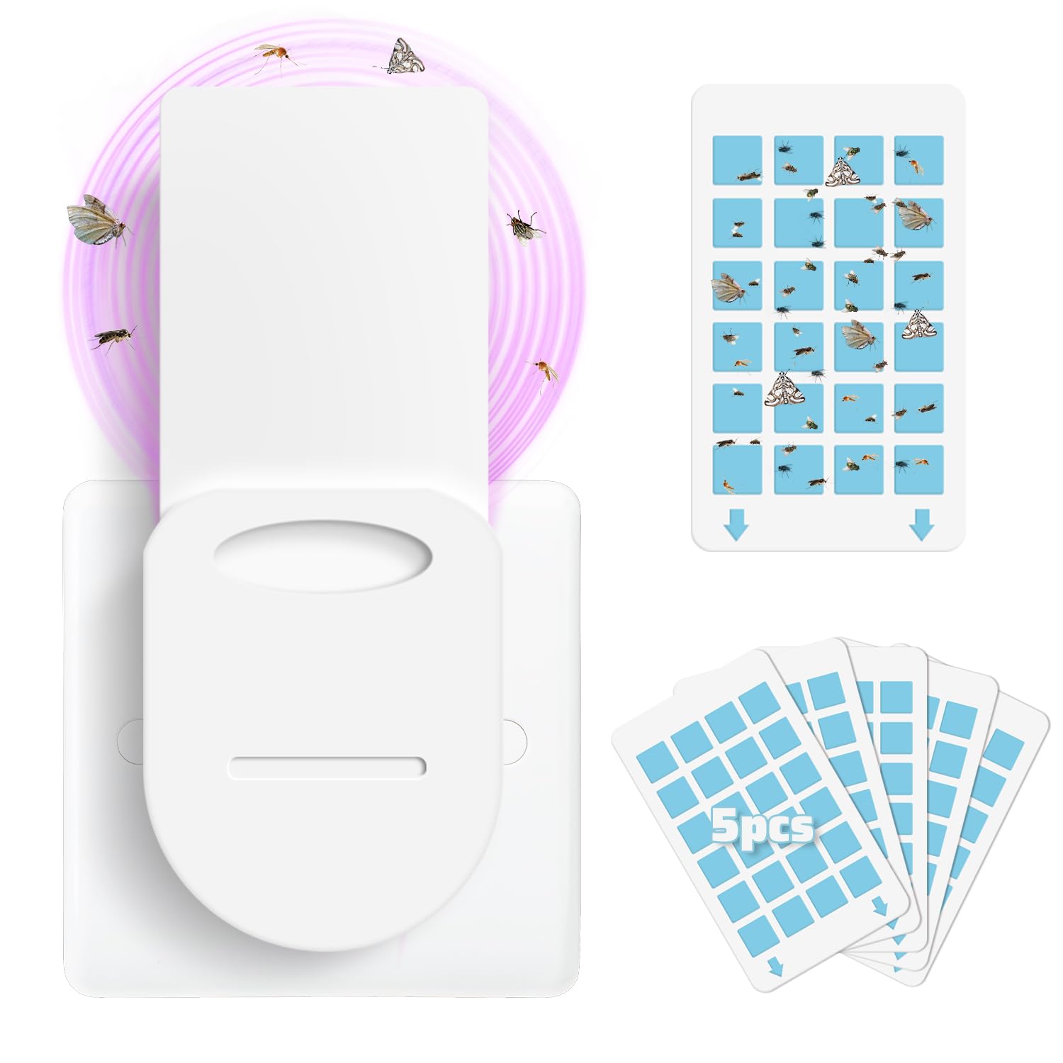 Fruit Fly Trap for Indoor Use, Flying Insect Catcher with 5 Sticky Refills, Plug-in 2-in-1 Mosquito Trap with Night Light, Fly Sticky Traps for Home Office Indoor