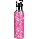 KEEPREAL Pink Sparkling Glitter Water Bottle 20oz, Vacuum Insulated Stainless Steel with Leakproof Straw Lid - Durable Gym & Outdoor Sports Bottle for Camping, Hiking, Fitness