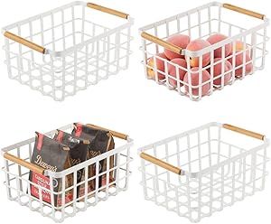 mDesign Farmhouse Decor Metal Wire Food Organizer Storage Bin Baskets with Bamboo Handles for Kitchen Cabinets/Pantry - Store Fruit, Coffee, Spices, Pasta, Baking Supplies, 4 Pack - Matte White/Bamboo