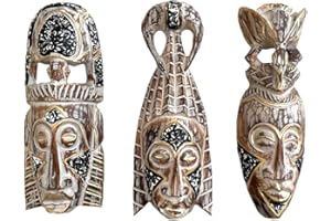 OMA Set Of Three African Decorative Masks For Protection And Luck Wooden Hand Crafted Tiki Tribal Home Decor Gift - 12" High