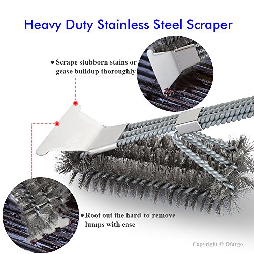 Ofargo Grill Brush and Scraper, Heavy Duty 3-in-1 Stainless Steel Woven Wire Bristles BBQ Cleaner Brush with Strength Clips for Cleaning Weber, Traeger, Char Broil, Kamado Grill Grates (18’’ Handle)
