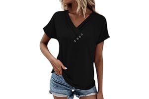NJKHMCFTIR Women's Short Sleeve T-Shirt Casual Cross V Neckline Pleated Solid Colour Button Top