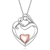 FLYOW Mothers Necklace 925 Sterling Silver Mother and Child Lab Opal Heart Pendant for Women Mother Daughter, Adjustable Hug Necklace New Mum Gifts