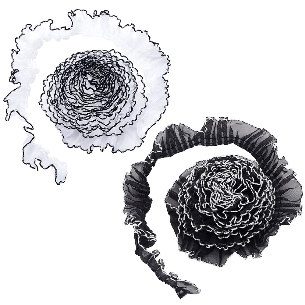 PH PandaHall 6 Yards Ruffled Pleated Lace Fabric Trim, 1-5/8 Inch Retro Organza Tulle Fabric Ribbon Black White Matching Lace Wavy Ribbon for Sewing Dress Bag Costume Decoration Trimming Craft