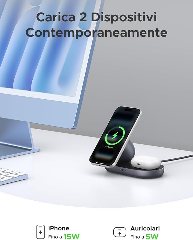 Zapix 2 in 1 Caricatore Wireless iPhone Magsafe Qi2 15W (Grigio) — foto 3 di 8
