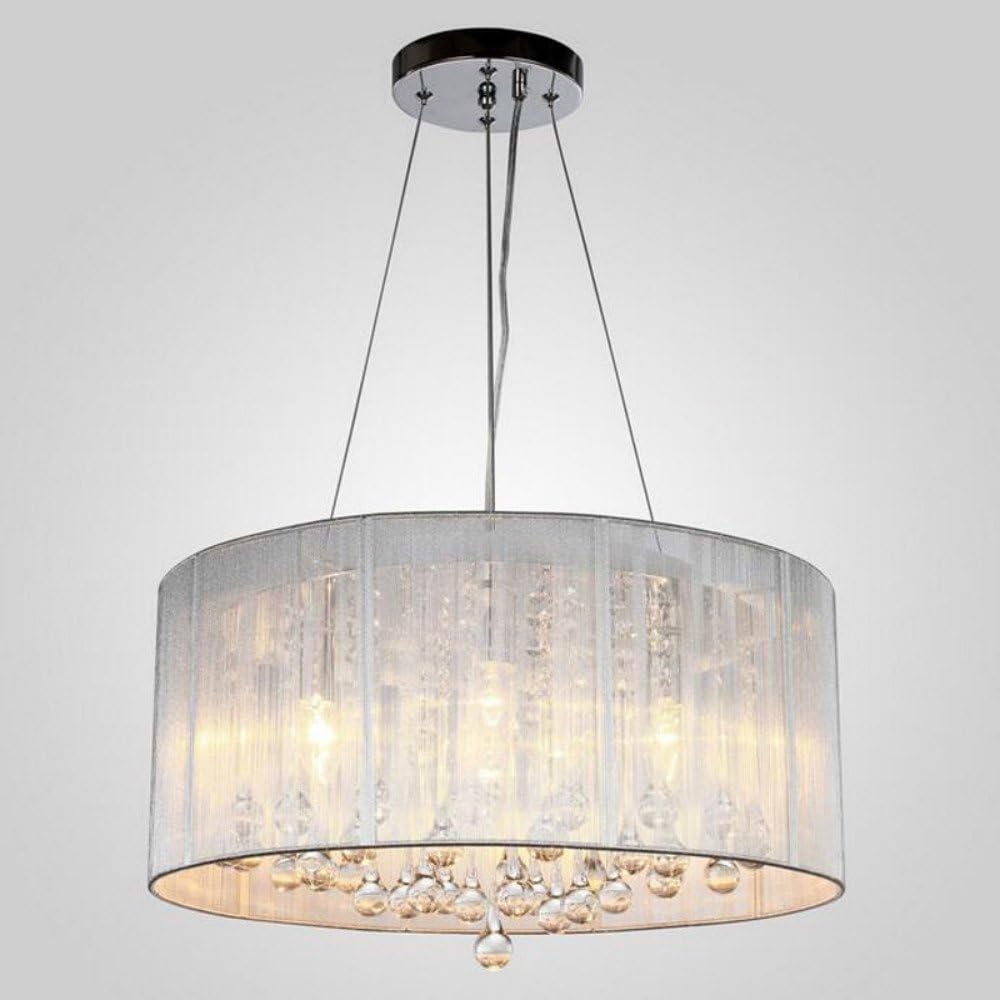 Lighting Groups Modern LED Chandeliers with Brushed Fabric Lampshade Living Room/Bedroom/Dining Room Fashion Lamp Clear K9 Crystal Ceiling Lighting Fixture for Kitchen (Silver)