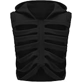 Anuedgis Adult Unisex Skeleton Hooded Vest Cropped Sleeveless Goth Hoodie | Gothic Skull Hollow Out Crop Hooded Vest Ideal for Streetwear and Casual Layered Looks