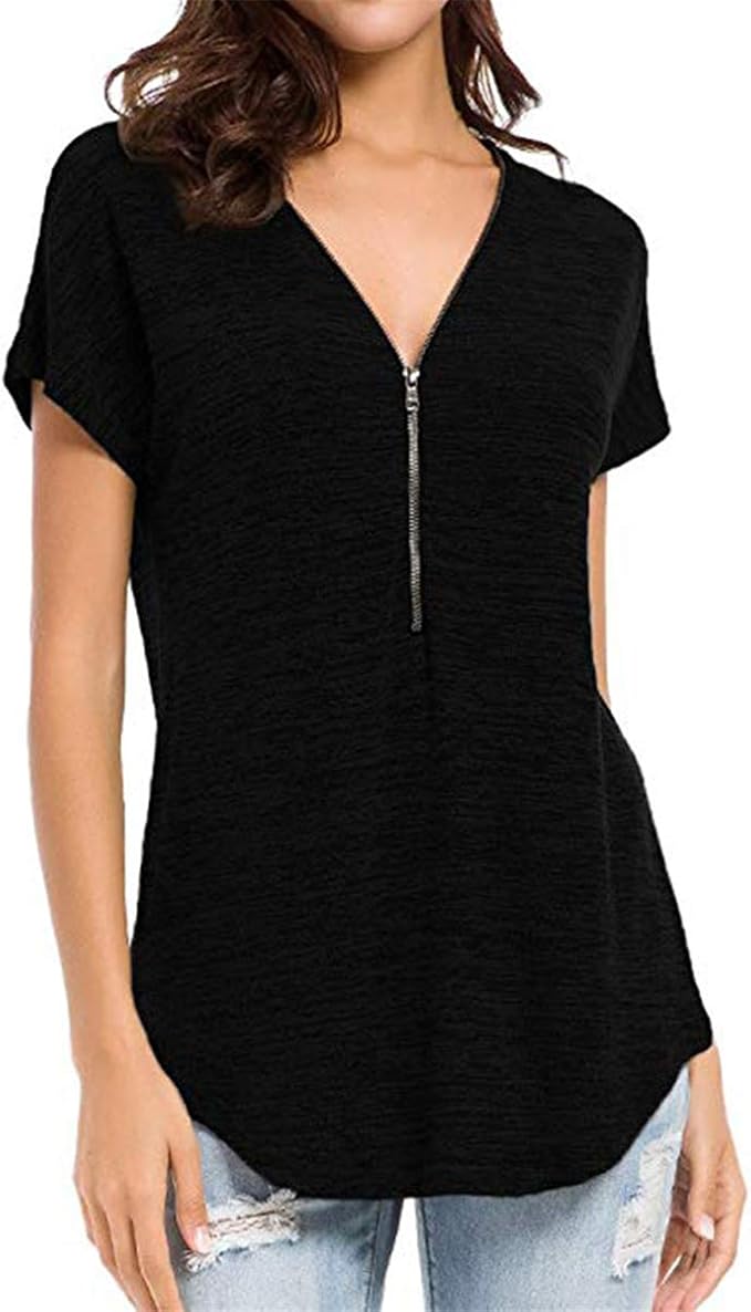 DOBEI Women's T-Shirts Summer Short Sleeve Half Zipper Asymmetric Tunic
