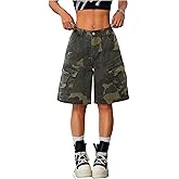 WDIRARA Women's Camo Denim Cargo Shorts Streetwear Wide Leg Bermuda Shorts with Flap Pockets