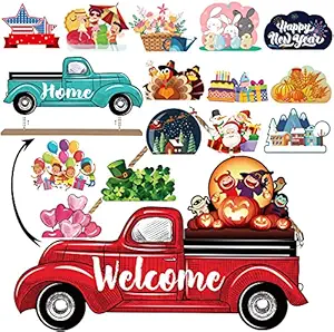 Large Seasonal Interchangeable Welcome Sign for Front Door Christmas Decoration, Farmhouse Thickened Wooden Truck Home Signs, Halloween, Thanksgiving, Holiday Display Charms Hanging Wall Home Decor