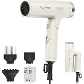 TOME Dual Voltage Travel Hair Dryer, Foldable Blow Dryer, DC Motor, 1200W Fast Drying, Cool Shot, 3 Heat 3 Speed, Nozzle, Diffuser, 120–240V Universal Adapter White