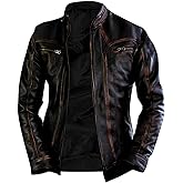 LIVEEVIL Men's Cafe Racer Motorcycle Jacket - Real Lambskin Distressed Leather Slim Fit Vintage Biker Jackets for Men