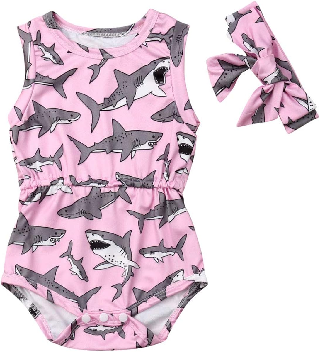 Newborn Baby Girls Shark Romper Bodysuit Jumpsuit Headband Outfits Set Playsuit