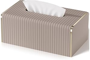 LADSTAG Tissue Box Cover,Beige Rectangle Leather Tissue Box Holders with Gold-Tone Edging Accents,Decorative Tissue Covers for Bathroom Toilet Bedroom Living Room Table Desk Office Car