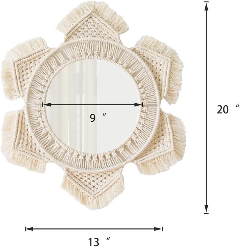 Mkono Hanging Wall Mirror with Macrame Fringe Round Boho Mirror Art Decor for Apartment Living Room Bedroom Baby Nursery Dorm Entryways, Ivory: Kitchen & Dining