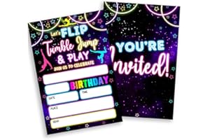 Sahjzk Gymnastics Party Invitations, 20 Double-Sided Fill-In Neon Themed Tumbling Party Birthday Invitation with Envelopes for Kids Boys Girls, Party Invite Cards (4×6 inch)-B04