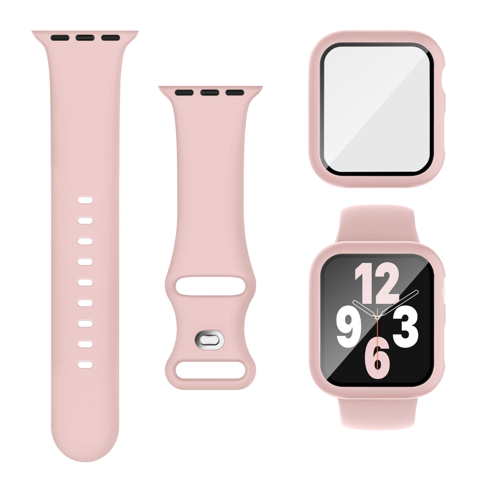 Joehwerr 3-in-1 Compatible for Apple Watch Straps 40mm with Case & Screen Protector, Silicone Sport Strap and Protective Cover with 9H Tempered Glass for iWatch Series 6/5/4/SE3, Pink