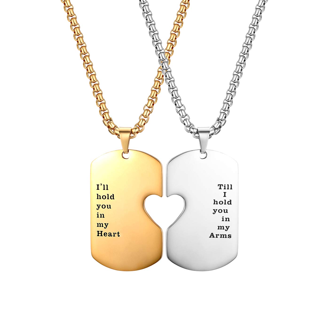 JewelryWe Romantic Tag Necklace,I'll Hold You in My Heart Till I Hold You in My Arms Engraved Stainless Steel Heart Puzzle Matching ID Tag Necklaces For Couples