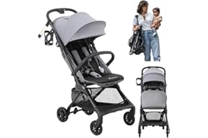 BabbleRoo Hoplite Compact Stroller – Lightweight Travel Stroller for Airplane (12.3 lbs), Newborn to 55 lbs, Easy Fold, PU Wheels, Alloy Frame, Near-Flat Recline, Raincover, Cup Holder, Baby Stroller