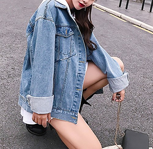 MuNiSa Women's Oversize Boyfriend Denim Jacket Long Sleeve Jean Coat With Pocket S - Thumbnail 4