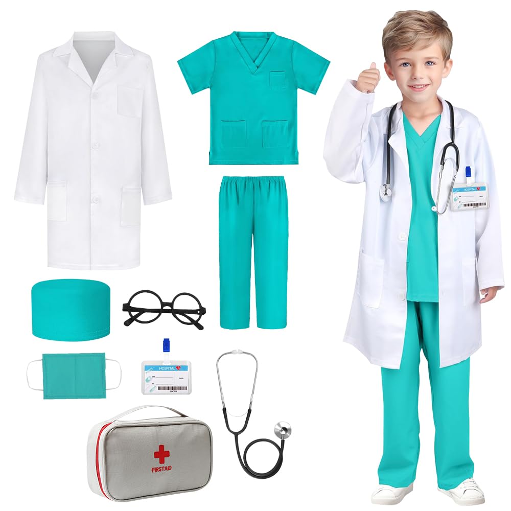 Mineup 9PCS Doctor Costume for Kids, 130CM Kids Unisex Hospital Doctor Fancy Dress Costume, Child Role Play Costumes Unisex, Nurse Costumes Dress Up, Doctors Dress Up Role Play for Kid 8-10, Green — image 1
