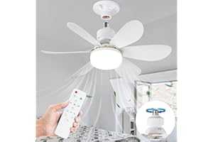 Hisummer Socket Fan Ceiling Fan with Light - 20.5" Small Socket Fan Light with Remote for E26 Base, 3CCT Dimmable Mini Screw in Ceiling Fan Light with 6 Blades for Bedroom Kitchen and Small Rooms