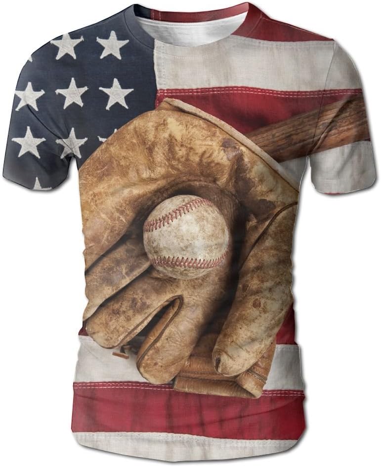 JeanCo Mens Sports Vintage Baseball League Equipment With Usa American Flag Fielding Sports Theme Vintage Tshirts White