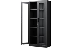 PEUKC Display Cabinet with Glass Doors, 71 Inches Metal Display Case with 4 Adjustable Shelves, Curio Storage Cabinet with Lock for Home, Office, Book, Pantry, Assemble Required (Black)