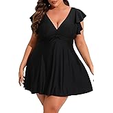 Smismivo Plus Size Swimsuit for Women Tummy Control One Piece Bathing Suit Slimming Ruffle Swimdress Curvy Swimwear