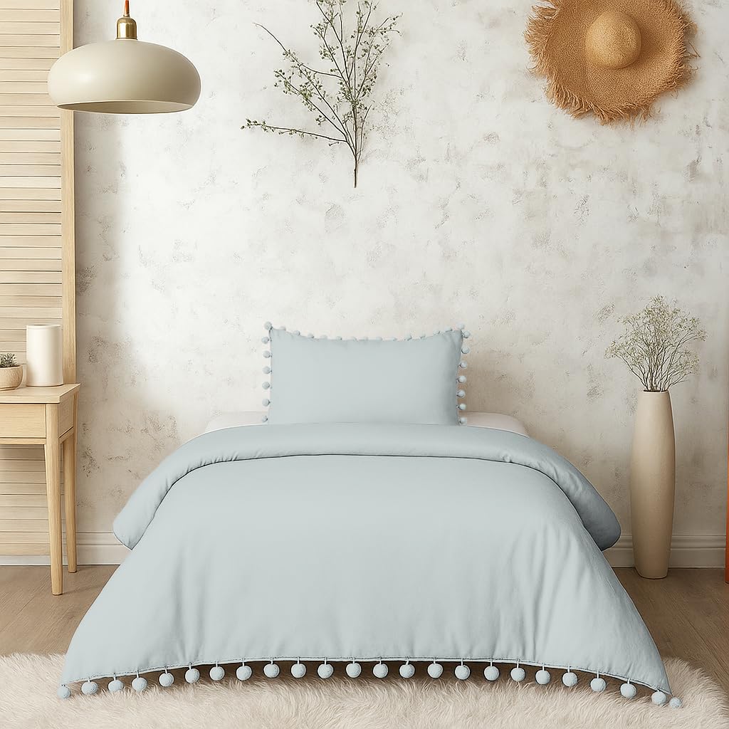 Sleepdown Pom Pom Duckegg Luxury Easy Care Plain Duvet Cover Quilt Bedding Set with Pillowcase - Single (135cm x 200cm)