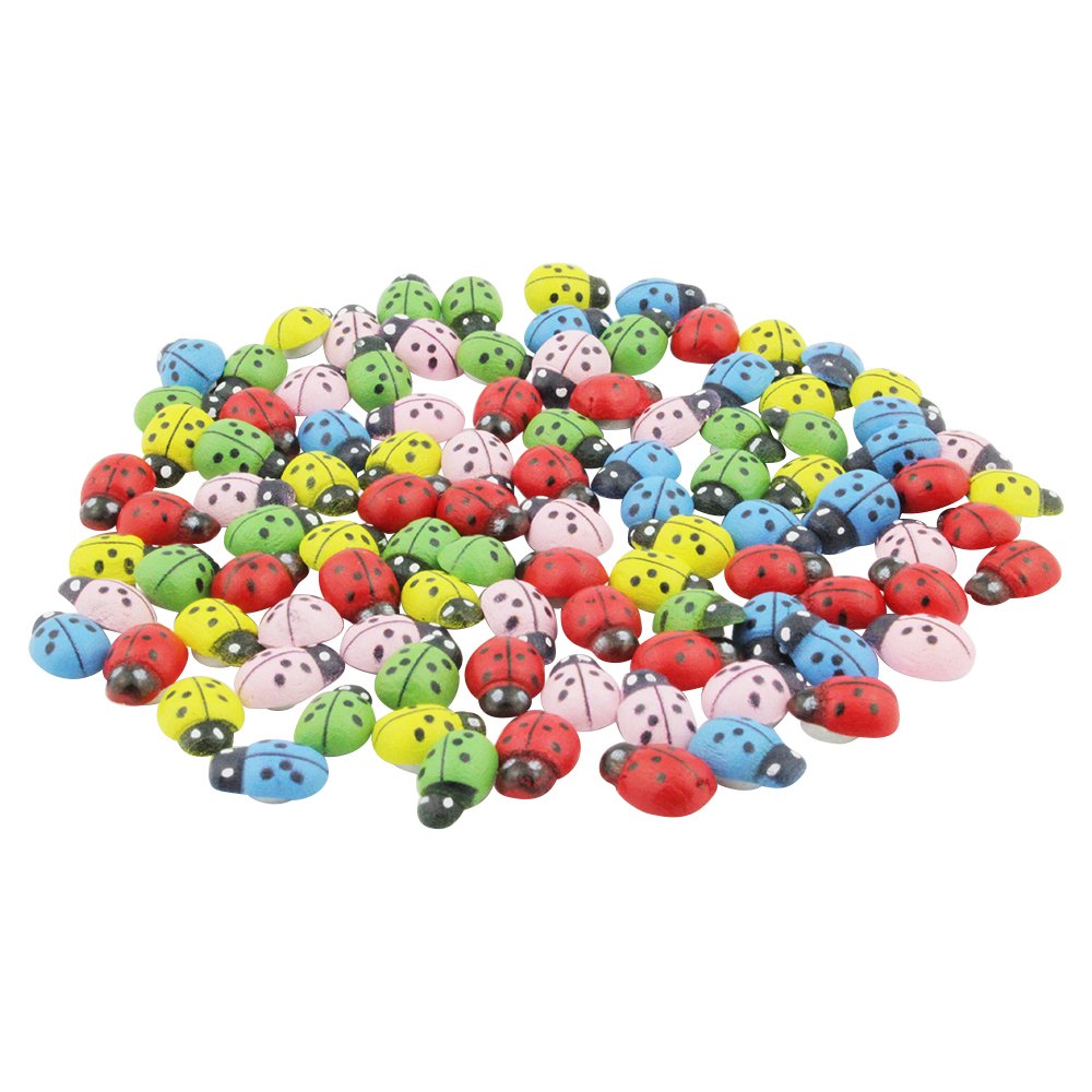 DEKOWEAR Ladybirds with glue point 100 pieces for Decorating from Wood, Red or Colored, 11 mm as Luck Beetle - Handmade Lucky Charm Ladybug (Colored)