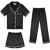 QPANCY Kids Satin Pajamas Sets Boys and Girls Silk Button Down 3 Pieces Pjs Silky Loungewear Clothes Set