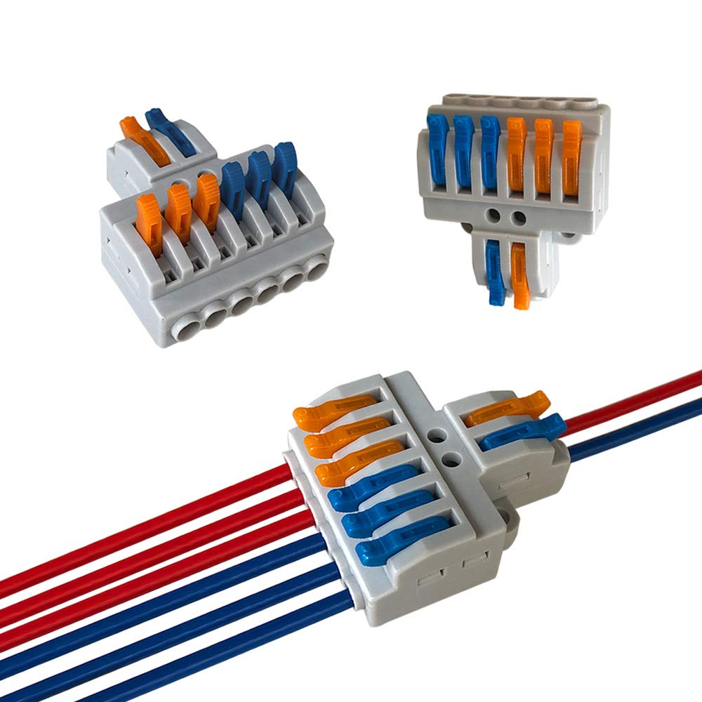 Aiqeer 6 Pcs KV426 Lever-Nut Wire Connectors, 2 in 6 out 8 Ports Conductor Compact Wire Connectors, Cable Clamp Terminal Block Quick Spring Connector